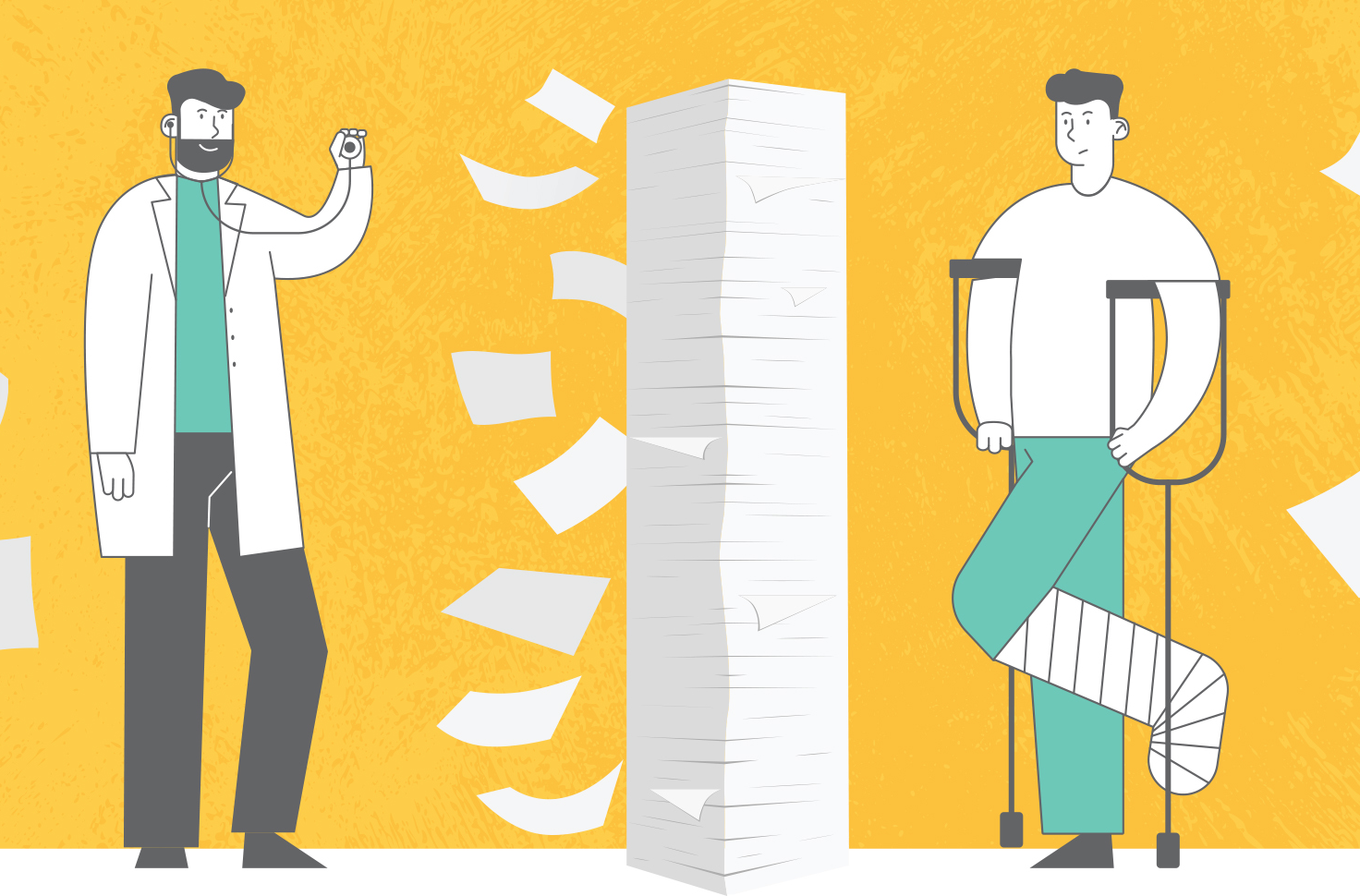 Doctor and patient standing next to giant stack of paper