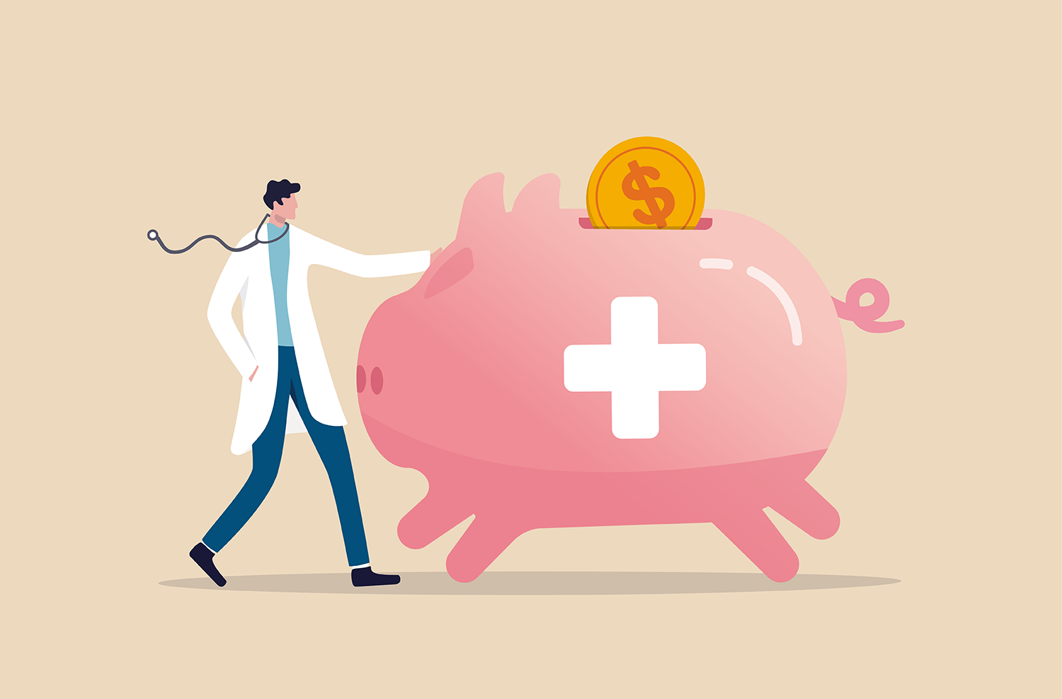 Illustration of doctor next to large piggy bank