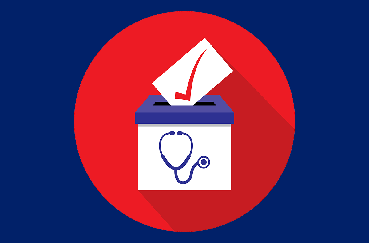 Ballot being placed in a ballot box emblazoned with a stethoscope