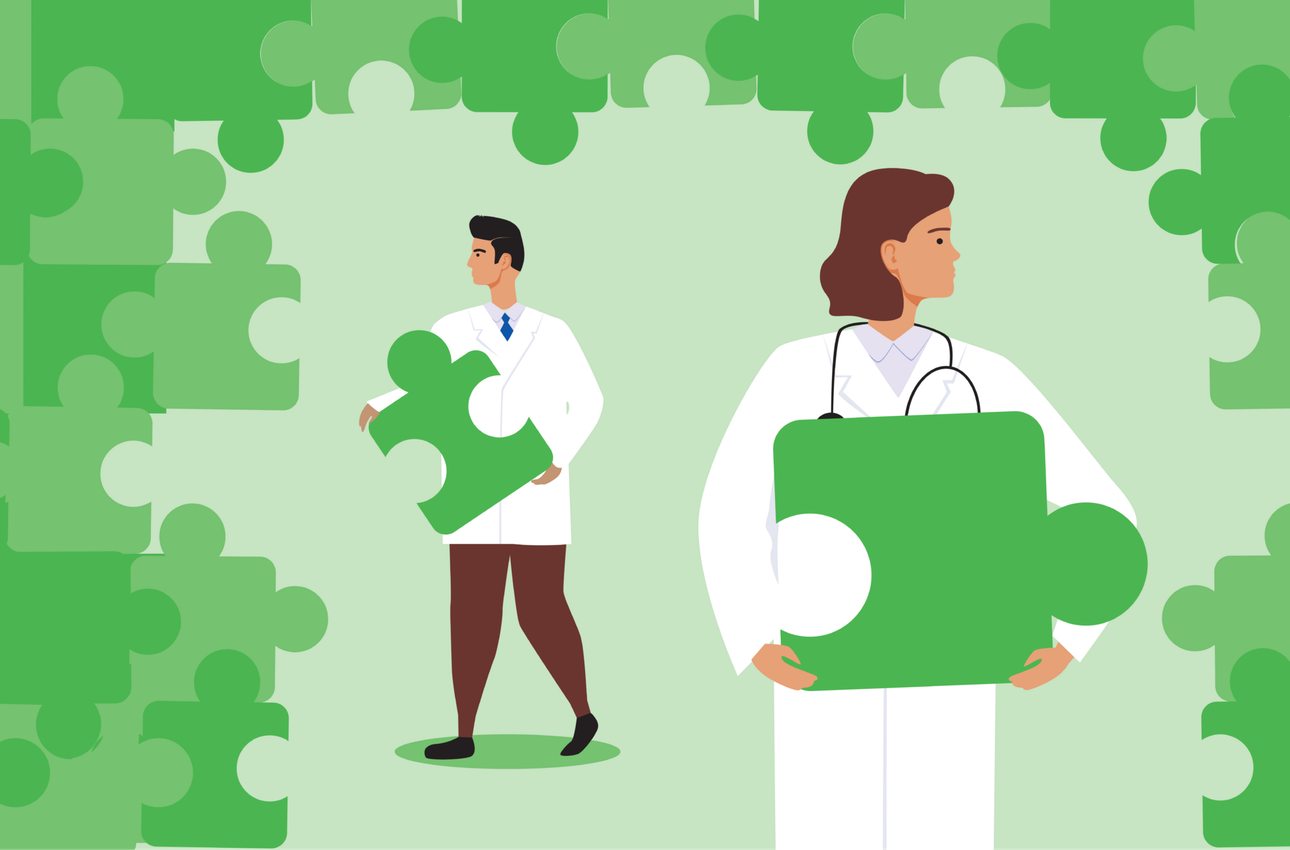 illustration of doctors holding giant puzzle pieces
